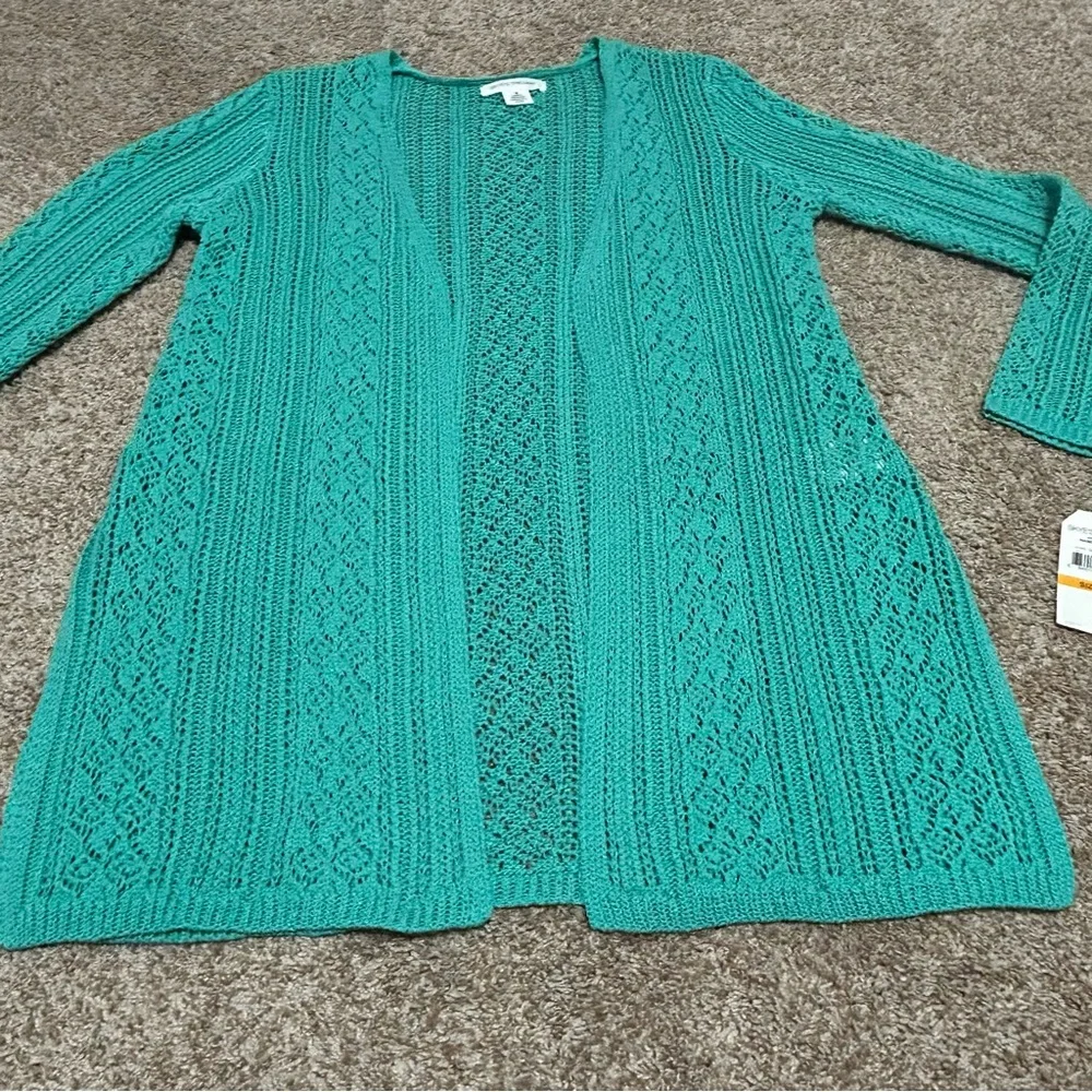 Skye’s The Limit Teal Cardigan Open Front Crochet